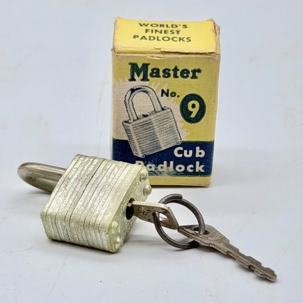 NOS Master Lock No. 9 Cub Padlock Vintage Laminated Steel with Original Box Key